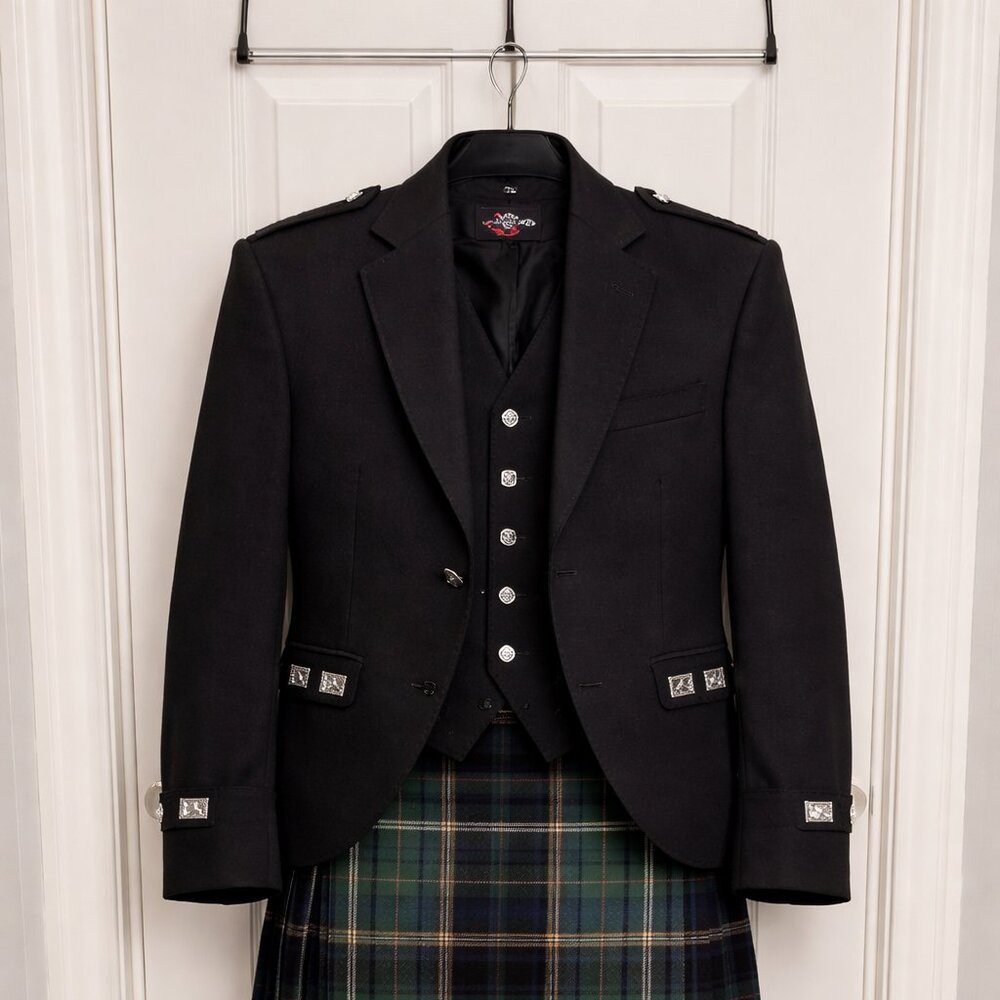 Mens Argyle Jacket Vest Black Scottish Jacket Formal Wear Classic Jacket Size 50